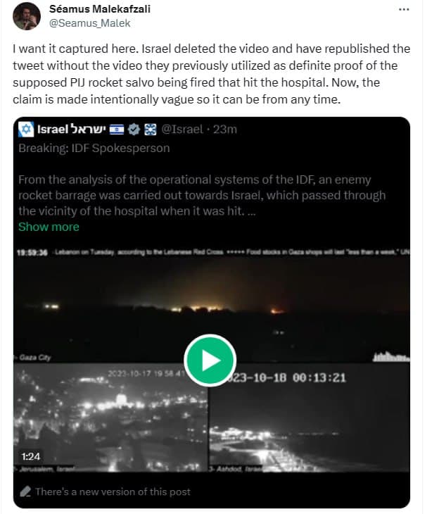 Israel DELETES Video from Post Social Media Earlier Claimed Proof Hamas Behind Hospital Strike Israel DELETES Video from Post Social Media Earlier Claimed Proof Hamas Behind Hospital Strike